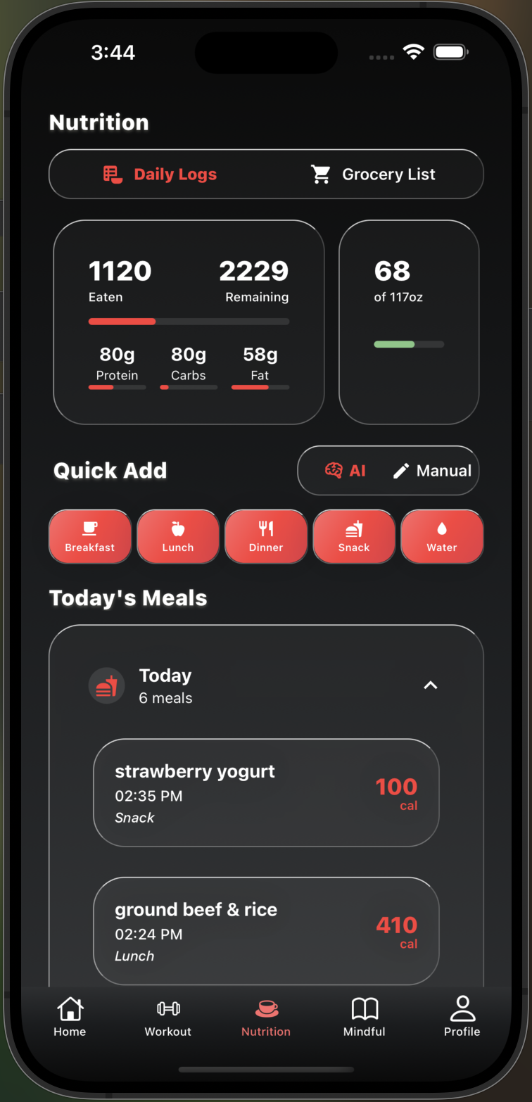 iLift Nutrition Tracker Interface